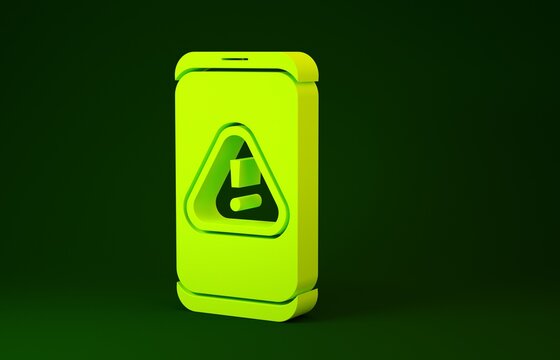 Yellow Mobile phone with exclamation mark icon isolated on green background. Alert message smartphone notification. Minimalism concept. 3d illustration 3D render.
