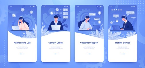 Poster - Customer support banner. Social media stories with info center and client support concepts. Vector vertical flat illustration banners with flat cartoon call center