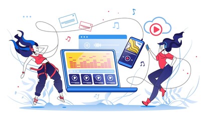 Poster - Phone streaming. Happy girl listening to music on her smartphone, online broadcasting and streaming services concept. Vector illustration concept digital mobile online music or radio