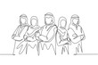 © Simple Line - One continuous line drawing of young muslim businesspeople line up neatly with crossing hands on chest. Islamic clothing shemag, kandura, scarf, hijab. Single line draw design vector illustration