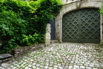 Wall Mural - old green wooden door entrance with cobblestone alley