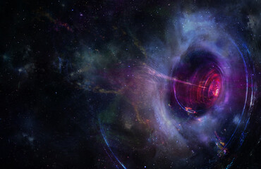 abstract space wallpaper. black hole with lighn ray and nebula over colorful stars with cloud fields