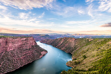 Aerial Above View From Canyon Rim Trail Overlook Near Campground In Flaming Gorge Utah National Park With Green River At Sunset
