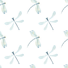 Seamless Pattern With Dragonflies On A Colored Background. Watercolor Painting. Wallpaper With Watercolor Dragonflies. For Fabrics, Jewelry, And Design.
