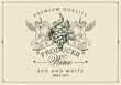 © paseven - Wine label with a bunch of grapes, angels and calligraphic inscription in retro style. Vector hand-drawn label on a light background