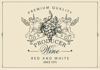 Wine label with a bunch of grapes, angels and calligraphic inscription in retro style. Vector hand-drawn label on a light background