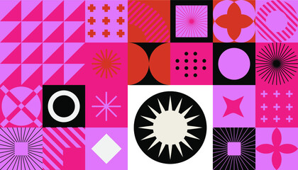 Poster - Mid-century modern geometric seamless pattern with bold simple shapes in Bauhaus and Neo-memphis retrofuturistic style. Trendy vivid fashion print.
