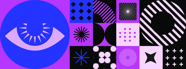 Aufkleber - Mid-century modern geometric seamless pattern with bold simple shapes in Bauhaus and Neo-memphis retrofuturistic style. Trendy vivid fashion print.