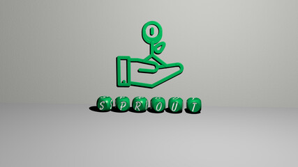 3D graphical image of sprout vertically along with text built by metallic cubic letters from the top perspective, excellent for the concept presentation and slideshows. green and illustration