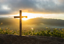 Silhouette Cross On Mountain At Sunset Background.Crucifixion Of Jesus Christ