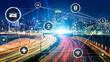 © InfiniteFlow - Smart transport technology concept for future car traffic on road . Virtual intelligent system makes digital information analysis to connect data of vehicle on city street . Futuristic innovation .