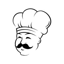 Professional Chef Outline Vector Illustration. Smiling Chef, Baker In Hat Ink Pen Sketch. Italian Confectioner With Mustache Freehand Drawing. Restaurant, Bakery Logo. Culinary Line Art Design Element