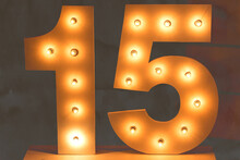 Fifteen Number With Bulb Led Lights. Number Isolated. Decoration For Teenager Parties. Decorative Number Isolated. 15 Bulb Number.