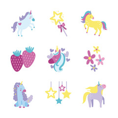 Wall Mural - bundle of fairytale unicorn set icons