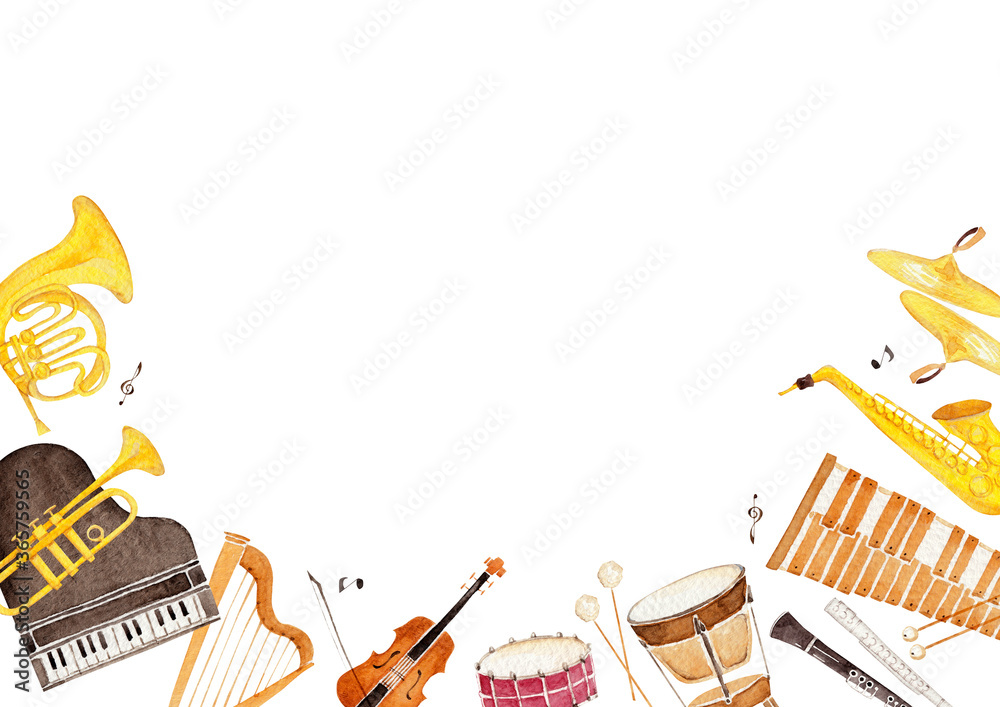 楽器 オーケストラ 背景 フレーム 水彩 イラスト Stock Illustration