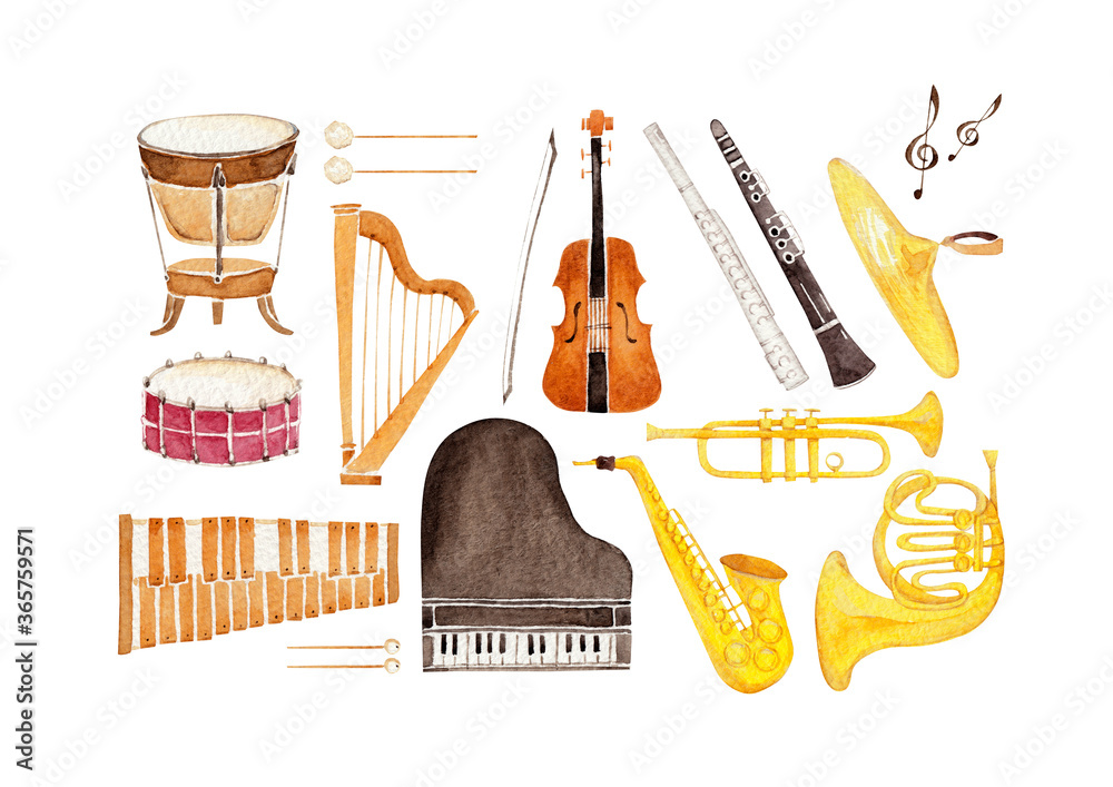 Naklejka 楽器 オーケストラ アイコン セット 水彩 イラスト Przyrzad Ikona Zestaw Fototapety Foteks