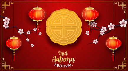 Wall Mural - Happy moon cake festival , Chinese Mid Autumn Festival. Design with lamp and moon cake on red background. paper art style background. vector.