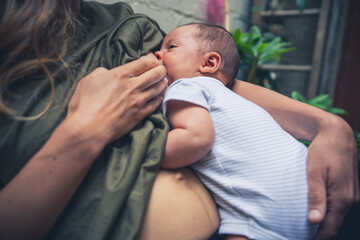 Wall Mural - Young mother breastfeding her baby in the yard