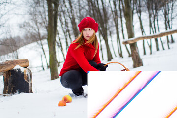 Poster - The beautiful blonde girl in red hat in the forest. Girl in winter. White snow. Little Red Riding Hood. 