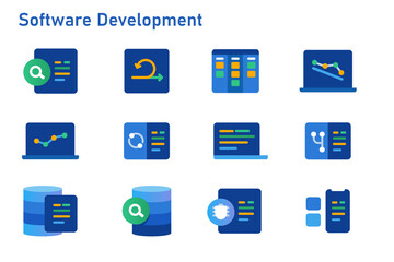 Wall Mural - agile methodology software development icon set collection of code programming using sprint kanban board and burn down chart