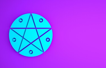 Blue Pentagram in a circle icon isolated on purple background. Magic occult star symbol. Minimalism concept. 3d illustration 3D render.