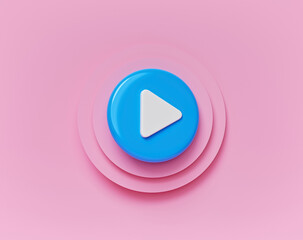 Poster - abstract minimal round play button on pastel pink background. Concept of video, audio playback. 3d rendering