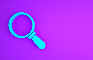 Poster - Blue Magnifying glass icon isolated on purple background. Search, focus, zoom, business symbol. Minimalism concept. 3d illustration 3D render.