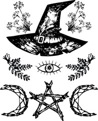 vector set of graphic icons. Stickers with magic witches' wiccan symbols. Monochrome illustrations of  magic witch's hat,  watching eye, pentagram and herbs. On transparent background