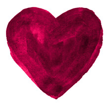 Burgundy Watercolor Heart Shape, Background With Clear Borders And Natural Splashes. Watercolor Brush Stains. Copy Space.