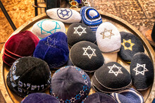 Traditional Jewish Caps Exhibited At Street  Stall In The Old City Of Jerusalem In Jerusalem, Israel.