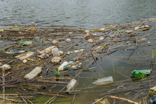 Plastic bottles and other plastic debris float in the Danube River coastal area in Danube Biosphere Reserve. Plastic garbage environmental pollution problem.