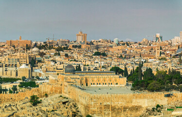 Wall Mural - Panoramically view over old city of Jerusalem with streets full of vehicles in Jerusalem, Israel.