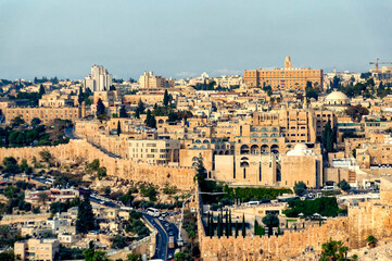 Wall Mural - Panoramically view over old city of Jerusalem with streets full of vehicles in Jerusalem, Israel.
