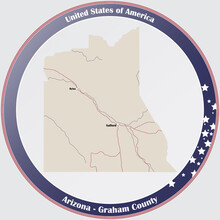 Round Button With Detailed Map Of Graham County In Arizona, USA.