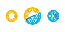 Hot And Cold - Flat Vector Icons With Symbols Of Sun And Snowflake - Climate Control, Difference, Climat Change, Thermometer - Temperature Index  Visualization