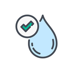 Poster - Water Quality and Water Drop with Tick color line icon. Water Drop with Checkmark vector outline colorful sign.
