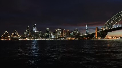 Sticker - Night fall in Sydney city on waterfront of harbour near bridge in 4k timelapse.
