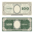 Vector money banknotes. Fake money illustration with floral border. Classical vintage style. Back sides of money bills. Empty oval for portrait