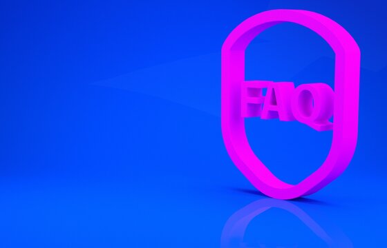 Pink Shield with text FAQ information icon isolated on blue background. Guard sign. Security, safety, protection, privacy concept. Minimalism concept. 3d illustration. 3D render.