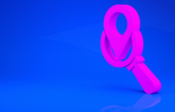Pink Search location icon isolated on blue background. Magnifying glass with pointer sign. Minimalism concept. 3d illustration. 3D render.