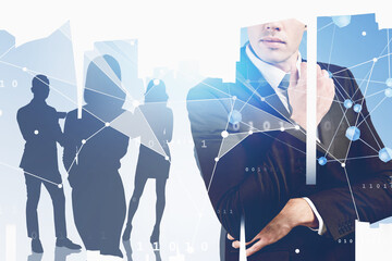 Poster - Pensive man and team in city, network interface