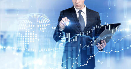 Poster - Trader with clipboard using financial interface