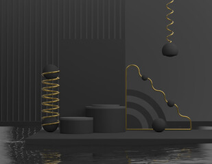 Poster - Abstract black product display. Dark podium, minimal geometric shapes. 3D rendering