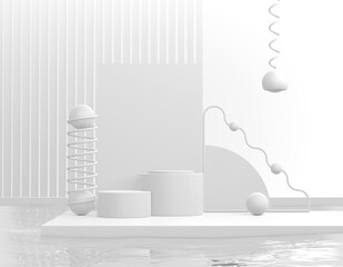 Poster - Abstract white product display. Pastel light gray pedestal advertising copy space, minimal geometric shapes. 3D rendering