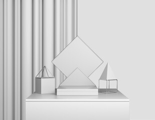 Poster - Abstract white product display. Pastel light gray pedestal advertising copy space, minimal geometric shapes. 3D rendering