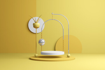 Poster - Abstract yellow product podium. Pastel light beige whiteboard presentation copy space, minimal geometric shapes. 3D rendering