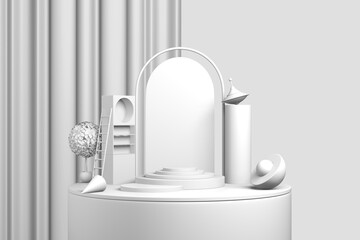 Poster - Abstract white product display. Pastel light gray pedestal advertising copy space, minimal geometric shapes. 3D rendering