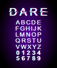 Fototapete - Dare glitch font template. Retro futuristic style vector alphabet set on violet background. Capital letters, numbers and symbols. Inspiring challenge typeface design with distortion effect