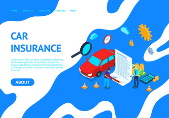 Poster - Car Insurance Concept Card Landing Web Page Template 3d Isometric View. Vector
