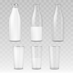 Canvas Print - Realistic Detailed 3d Milk Bottle and Glass Set. Vector